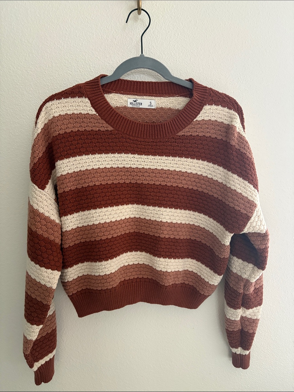 Hollister Striped Cropped Crewneck Sweater in Rust, Blush & Cream